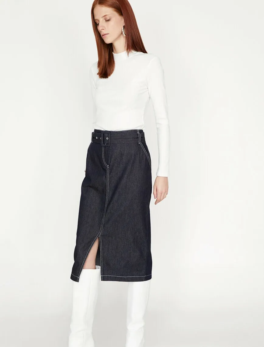 12036 Indigo Slit Detailed Midi Skirt