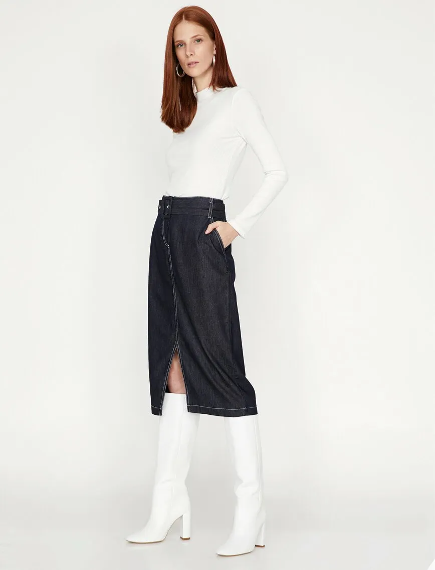 12036 Indigo Slit Detailed Midi Skirt