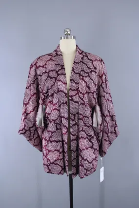 1960s Vintage Haori Silk Kimono Jacket with Purple & White Shibori Clouds