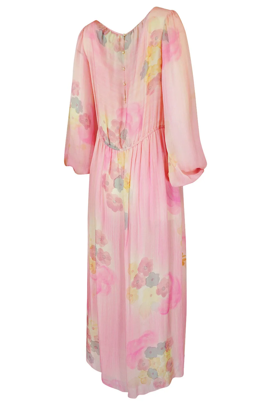 1970s Unlabelled Soft Pink & Pastels Floral Print Silk Chiffon Dress