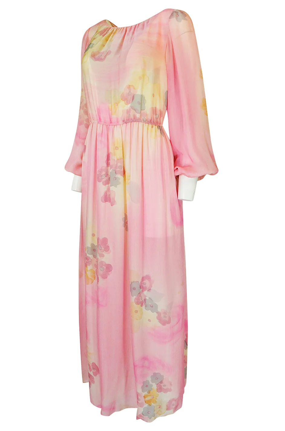 1970s Unlabelled Soft Pink & Pastels Floral Print Silk Chiffon Dress