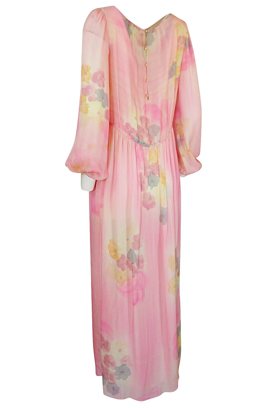 1970s Unlabelled Soft Pink & Pastels Floral Print Silk Chiffon Dress