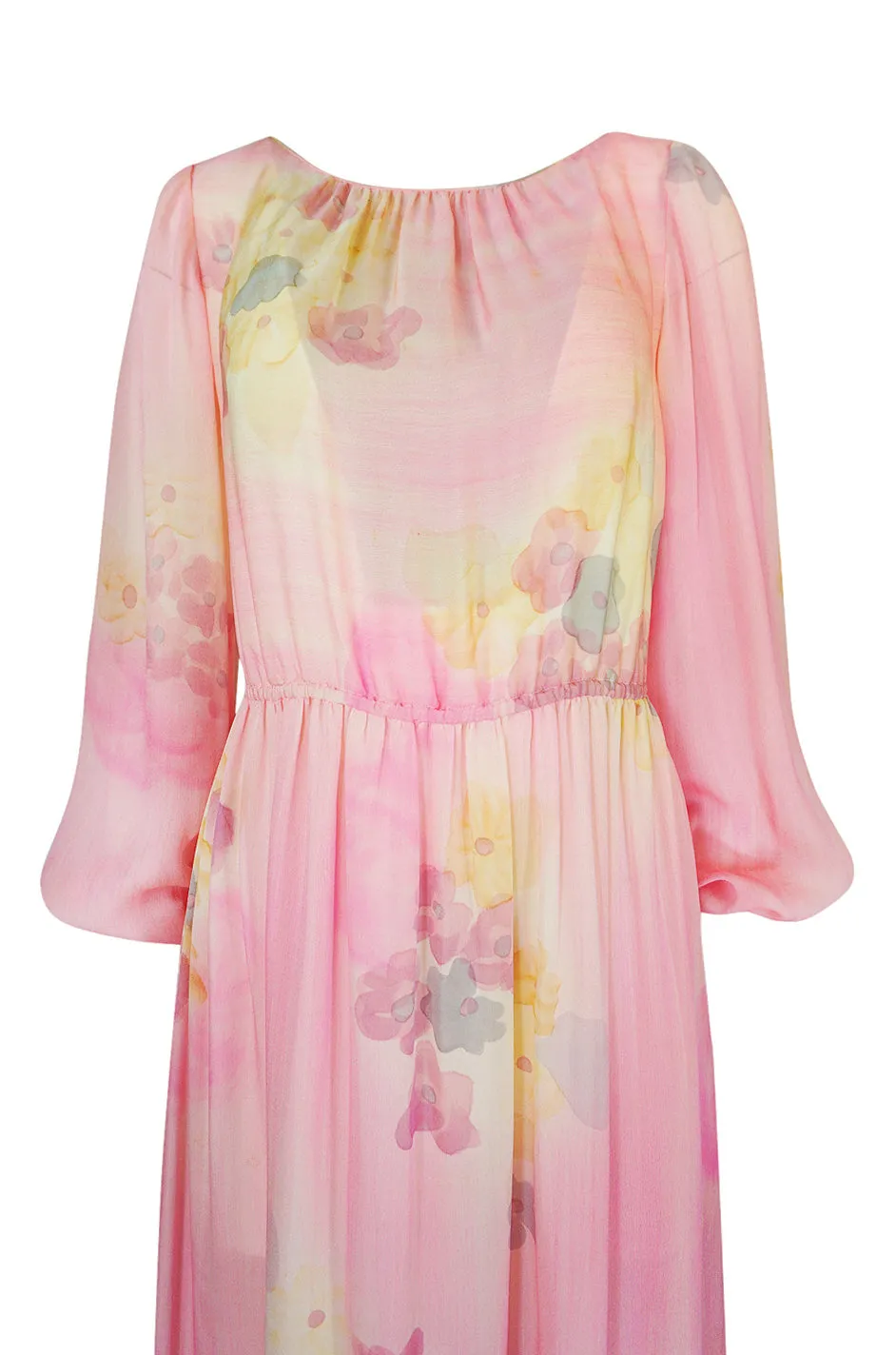 1970s Unlabelled Soft Pink & Pastels Floral Print Silk Chiffon Dress