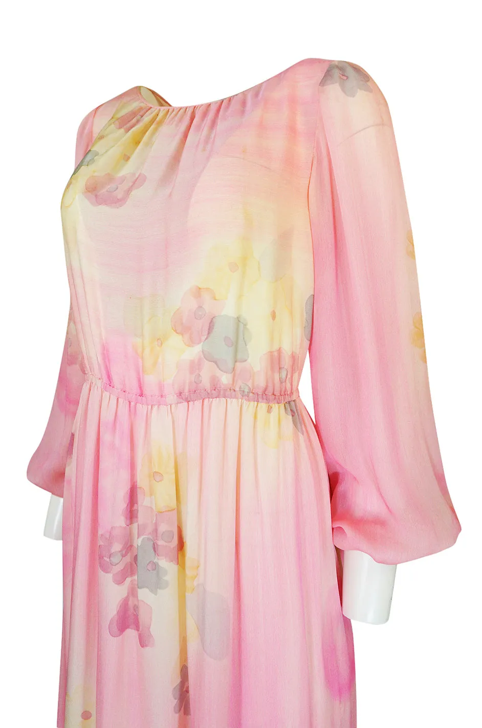 1970s Unlabelled Soft Pink & Pastels Floral Print Silk Chiffon Dress