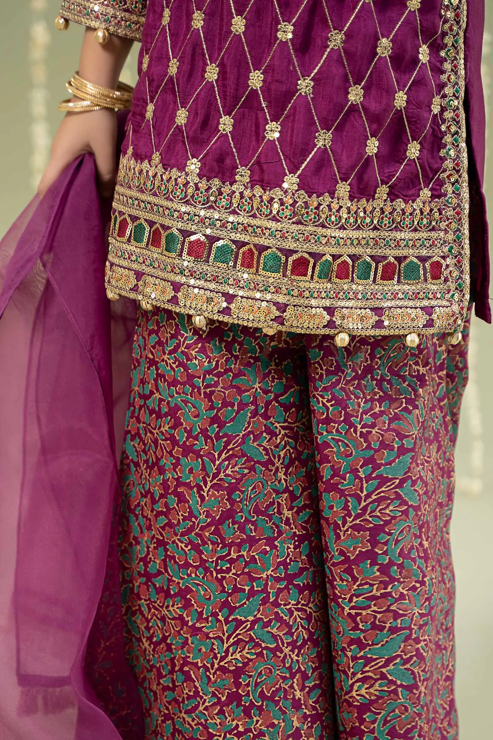 3 Piece Embroidered Raw Silk Suit | MKS-W24-28