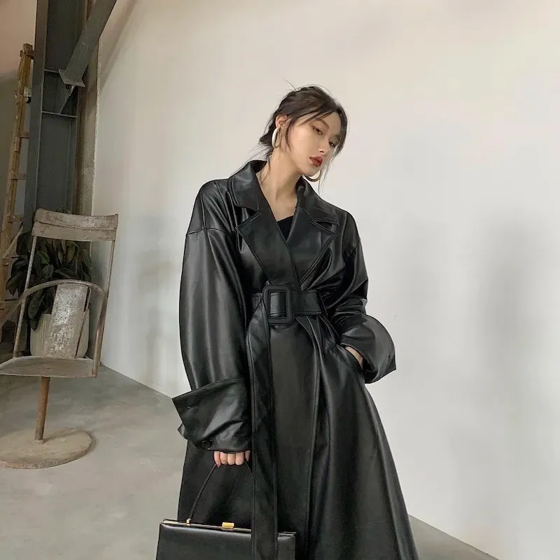 Amelia Luxe Long Leather Trench Coat