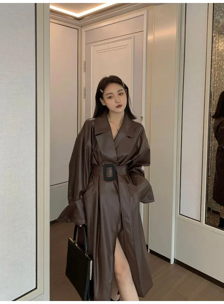 Amelia Luxe Long Leather Trench Coat