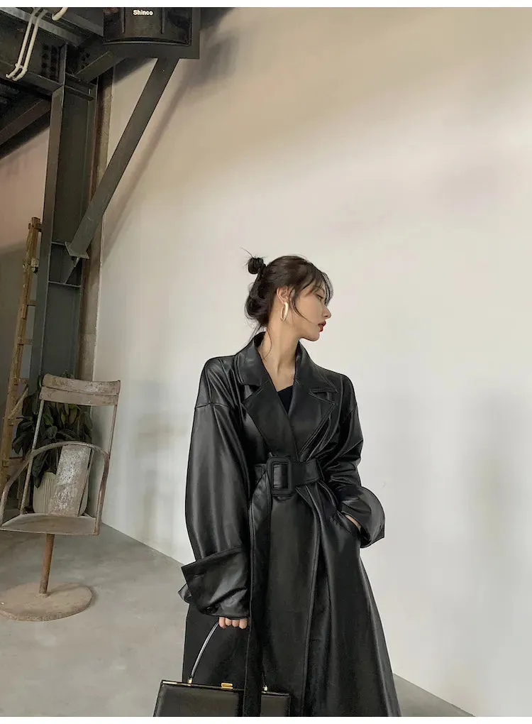 Amelia Luxe Long Leather Trench Coat