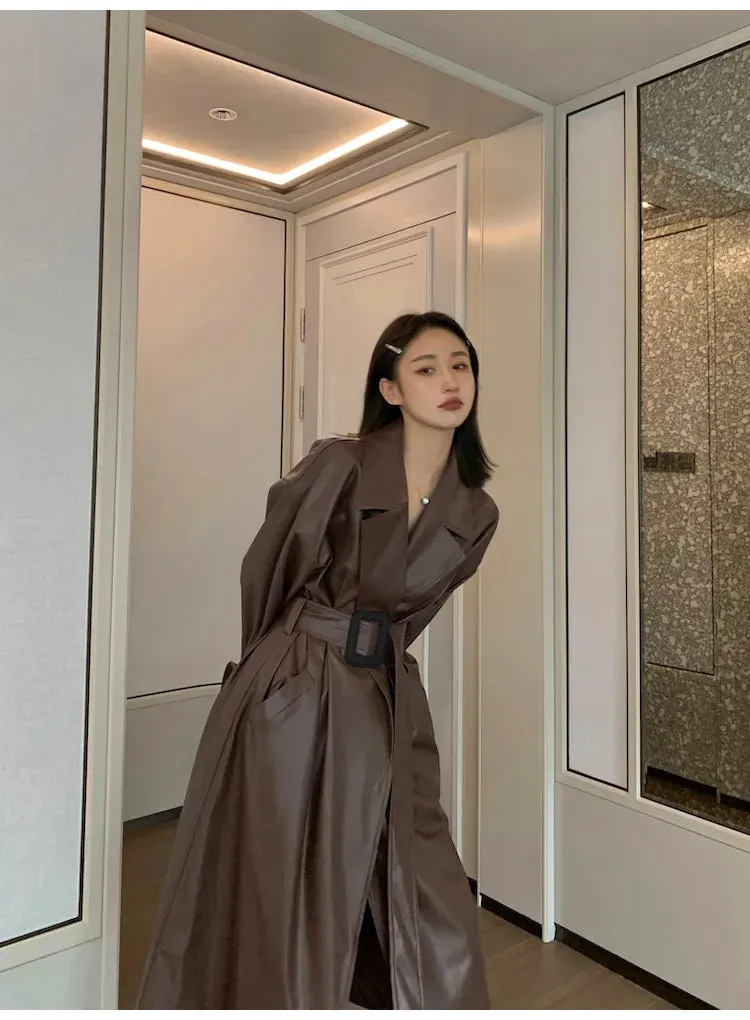 Amelia Luxe Long Leather Trench Coat