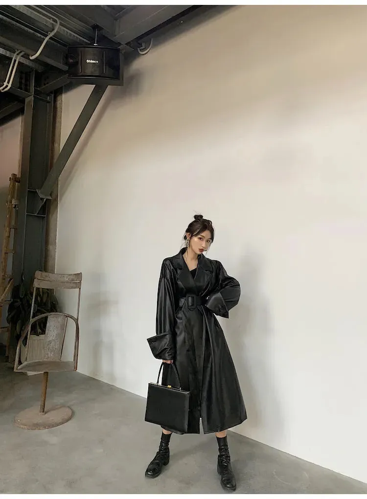 Amelia Luxe Long Leather Trench Coat