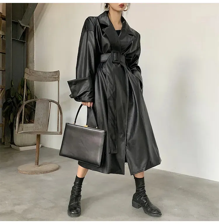 Amelia Luxe Long Leather Trench Coat