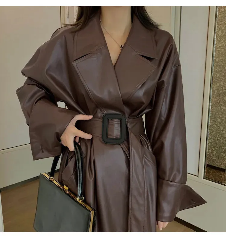 Amelia Luxe Long Leather Trench Coat