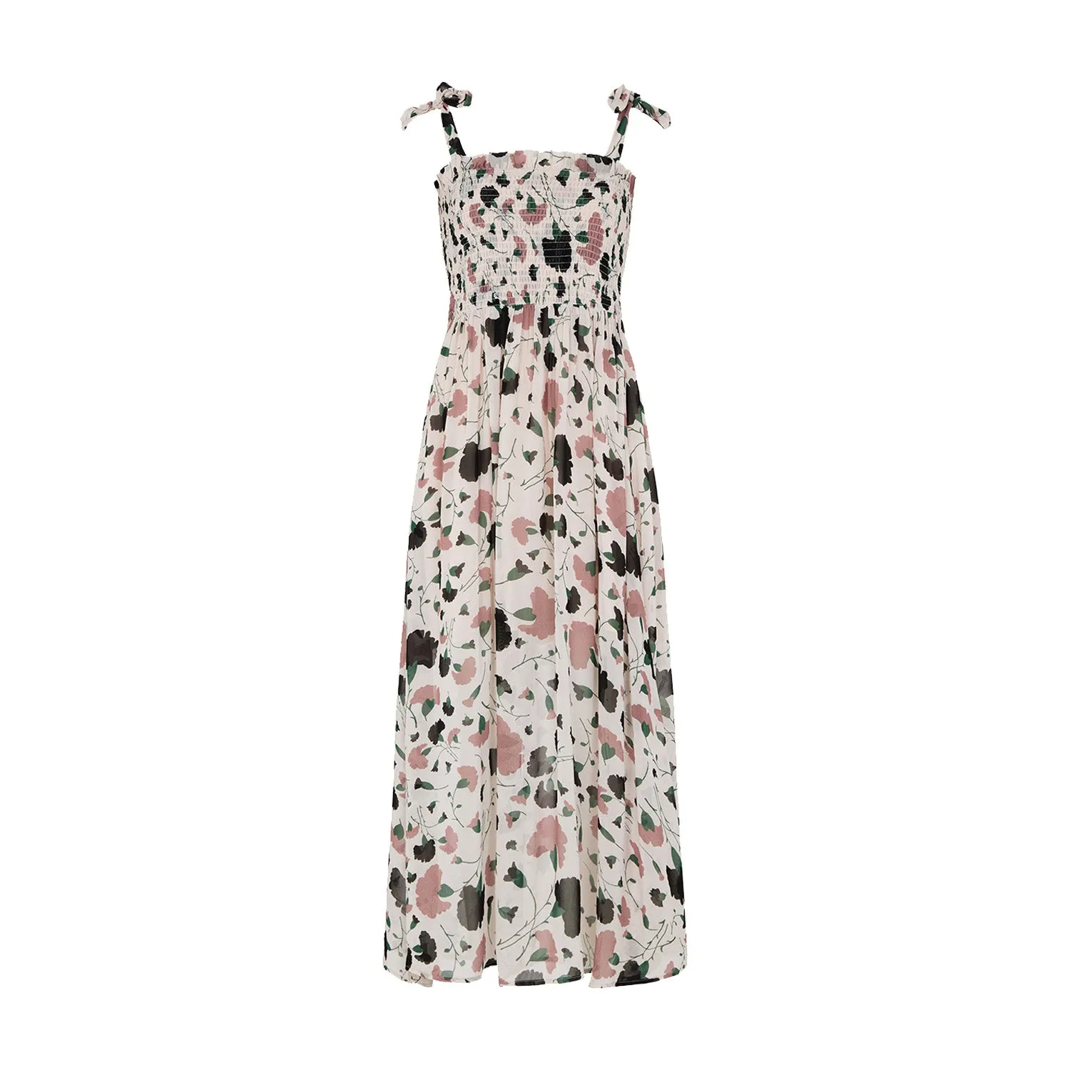 Annie Smocked Peony Print Midi Dress In Cream