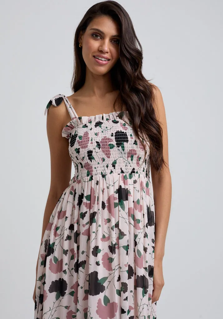 Annie Smocked Peony Print Midi Dress In Cream