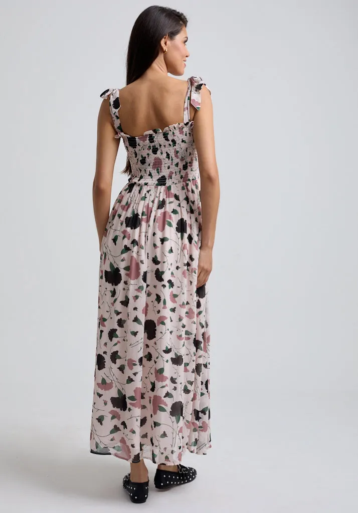 Annie Smocked Peony Print Midi Dress In Cream