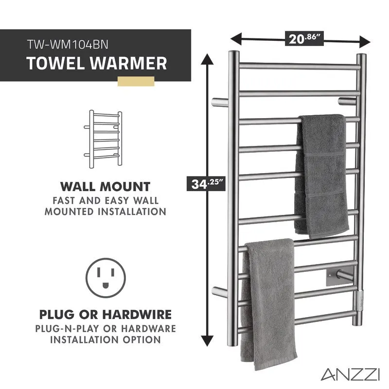 ANZZI Crete 10-Bar Stainless Steel Wall Mounted Towel Warmer Rack