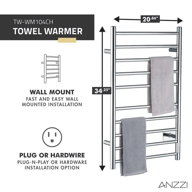 ANZZI Crete 10-Bar Stainless Steel Wall Mounted Towel Warmer Rack