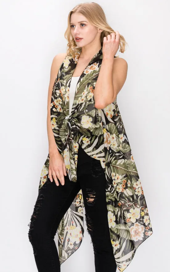 AV397 Floral Printed Scarf Long Vest