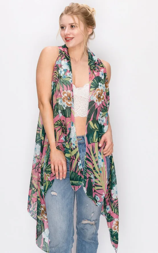 AV397 Floral Printed Scarf Long Vest