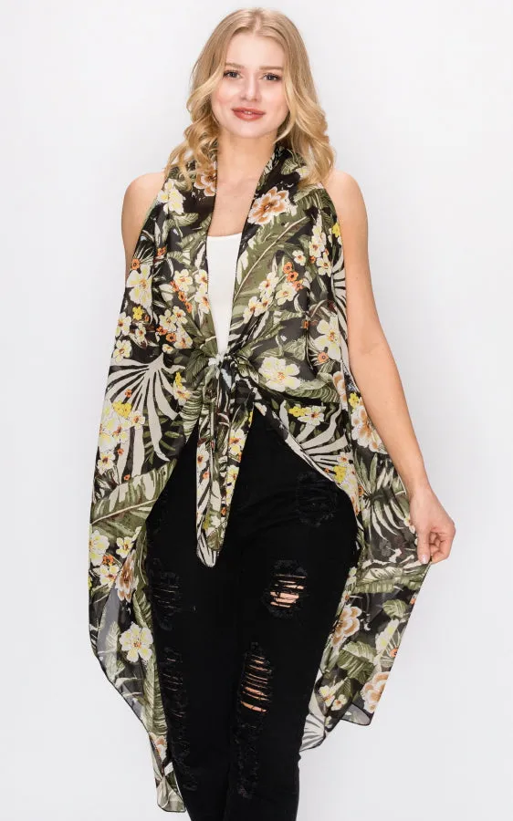 AV397 Floral Printed Scarf Long Vest