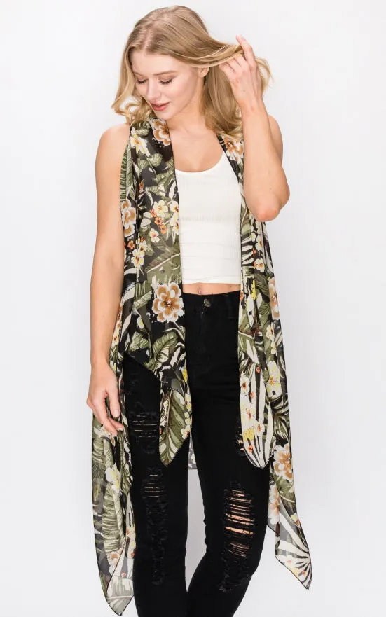 AV397 Floral Printed Scarf Long Vest