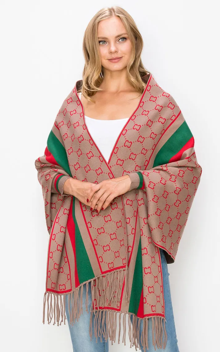 AV422 Mixed Pattern Sleeve Cape Shawl with Fringe