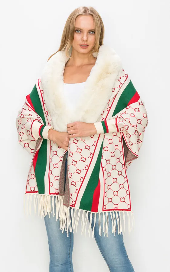 AV443 Faux Fur Trim Sleeve Cape Shawl with Fringe