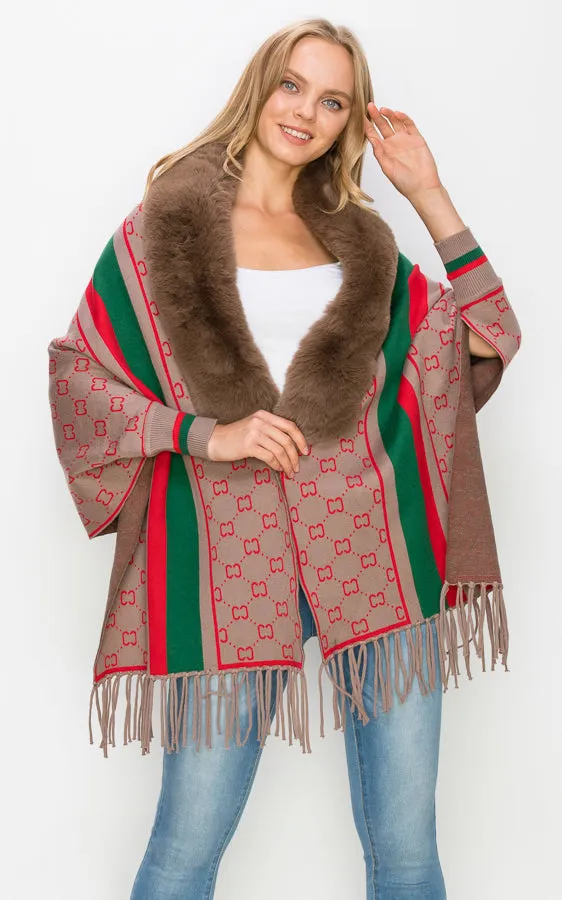 AV443 Faux Fur Trim Sleeve Cape Shawl with Fringe