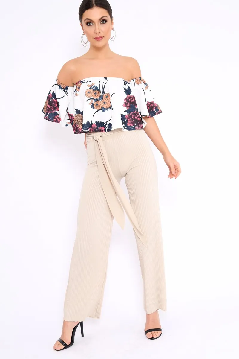 Beige Wide Legged Pleated Trousers - Chantel