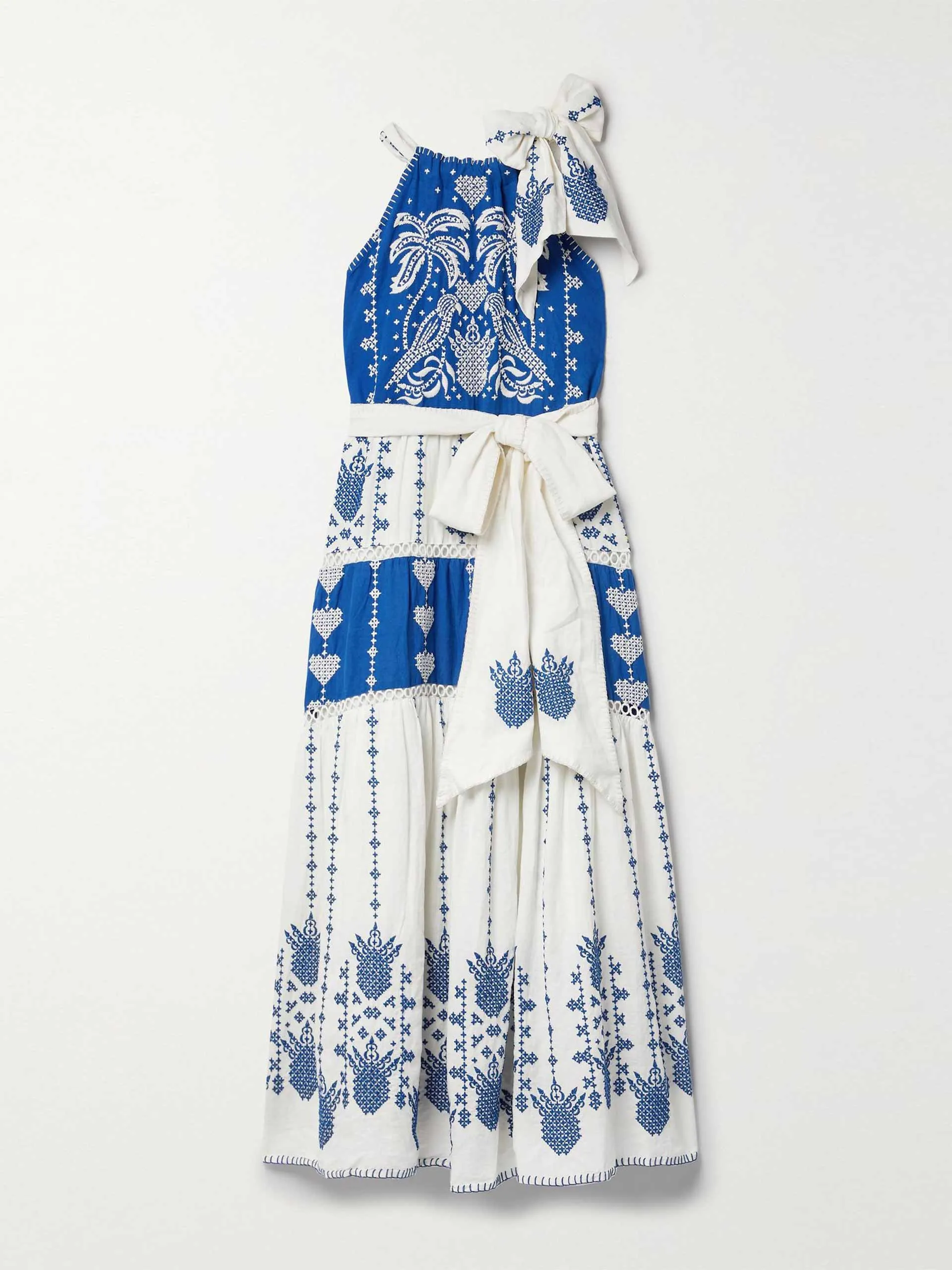 Belted embroidered linen-blend midi dress