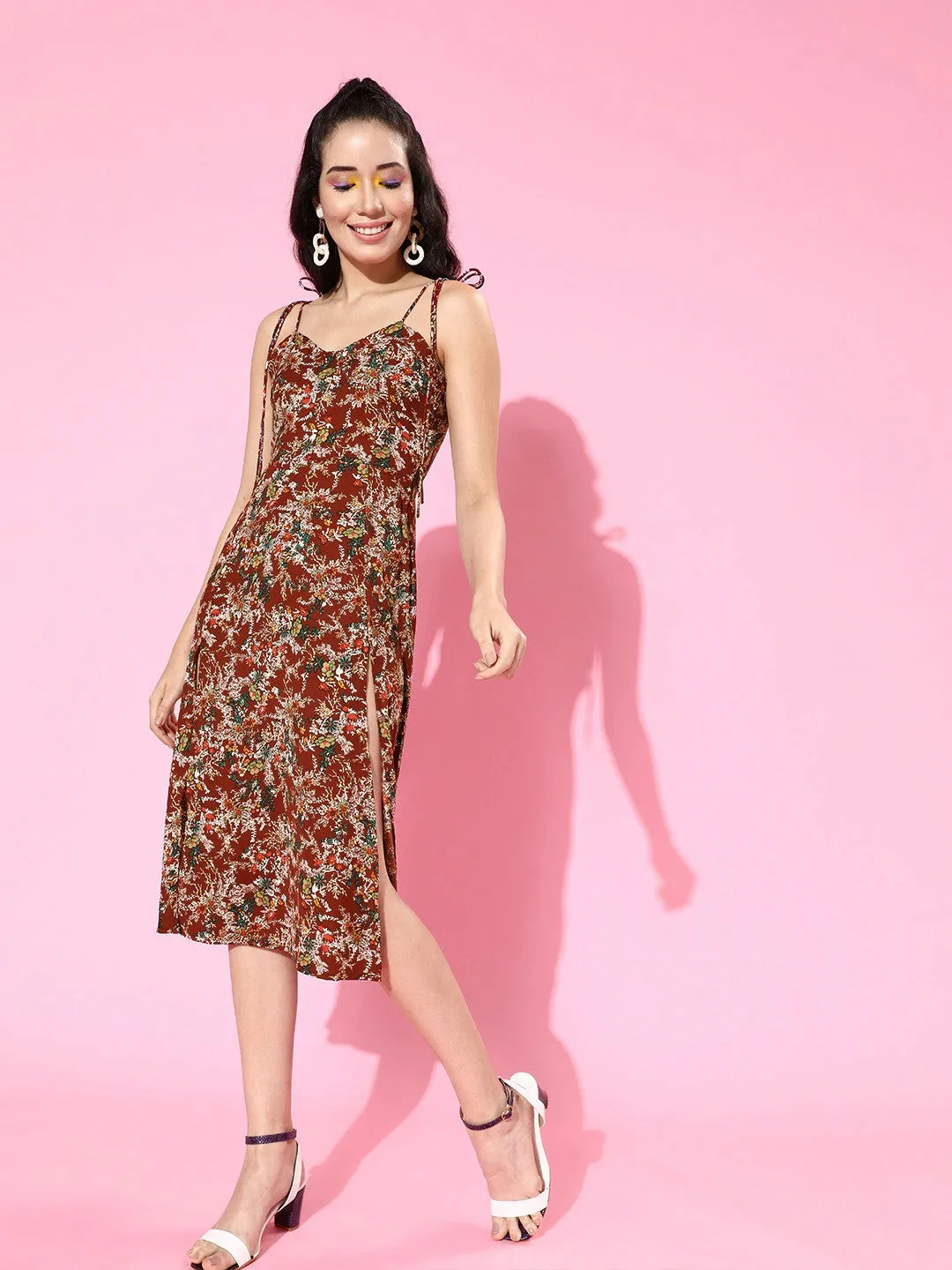 Berrylush Women Maroon Floral Printed Sweetheart Neck Tie-Up Strap Fit & Flare Midi Dress