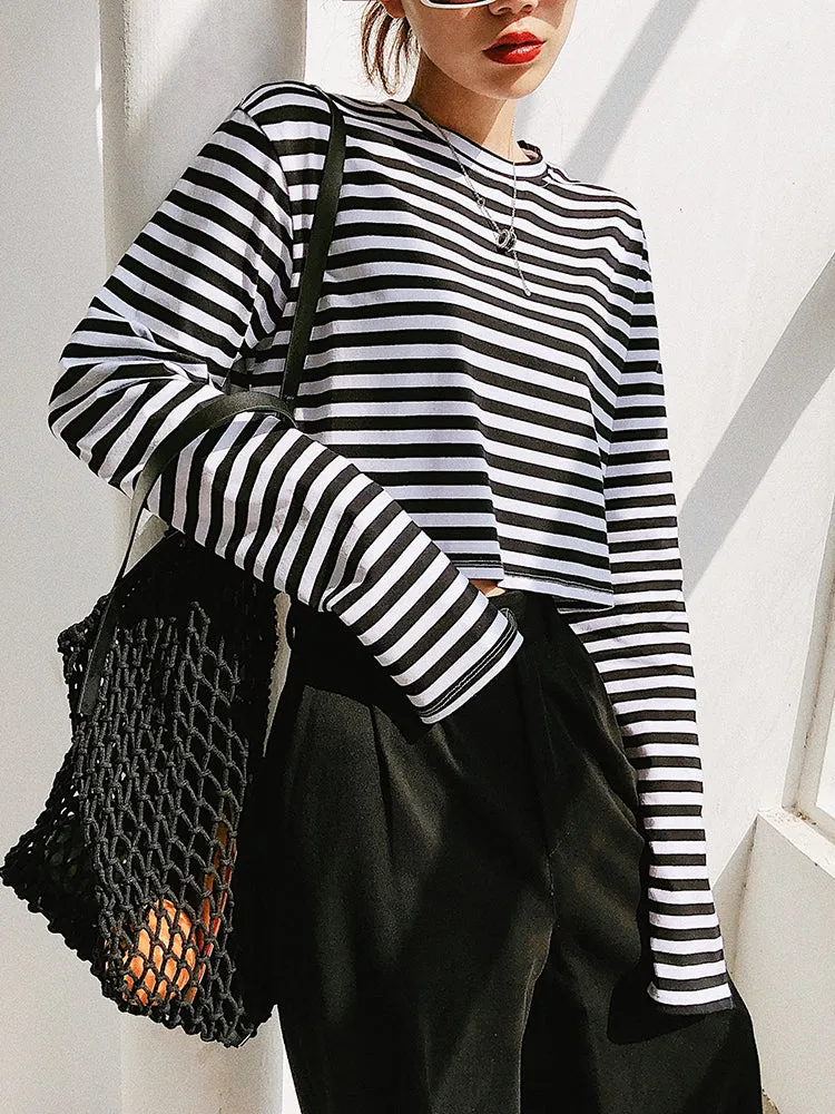 Black and white stripe long sleeve T shirt  323