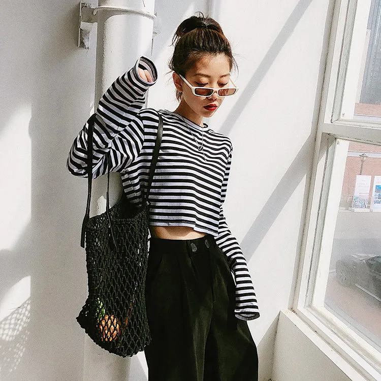 Black and white stripe long sleeve T shirt  323