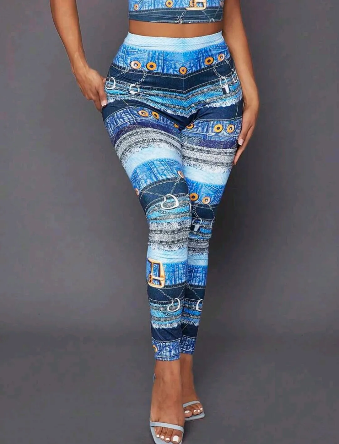 Blue High Waist Horseshoe Print Leggings