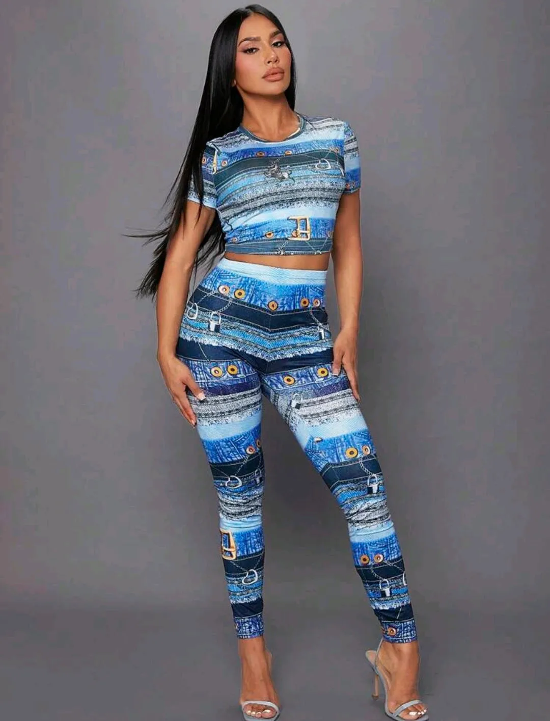 Blue High Waist Horseshoe Print Leggings