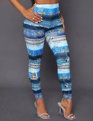 Blue High Waist Horseshoe Print Leggings