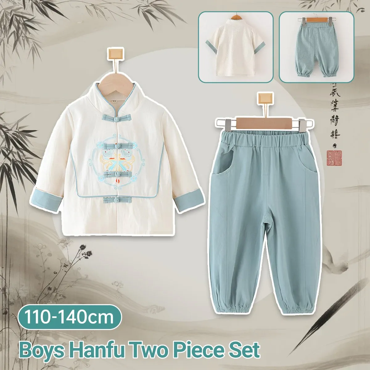 Boys' White and Light Blue Tang Suit Hanfu Set