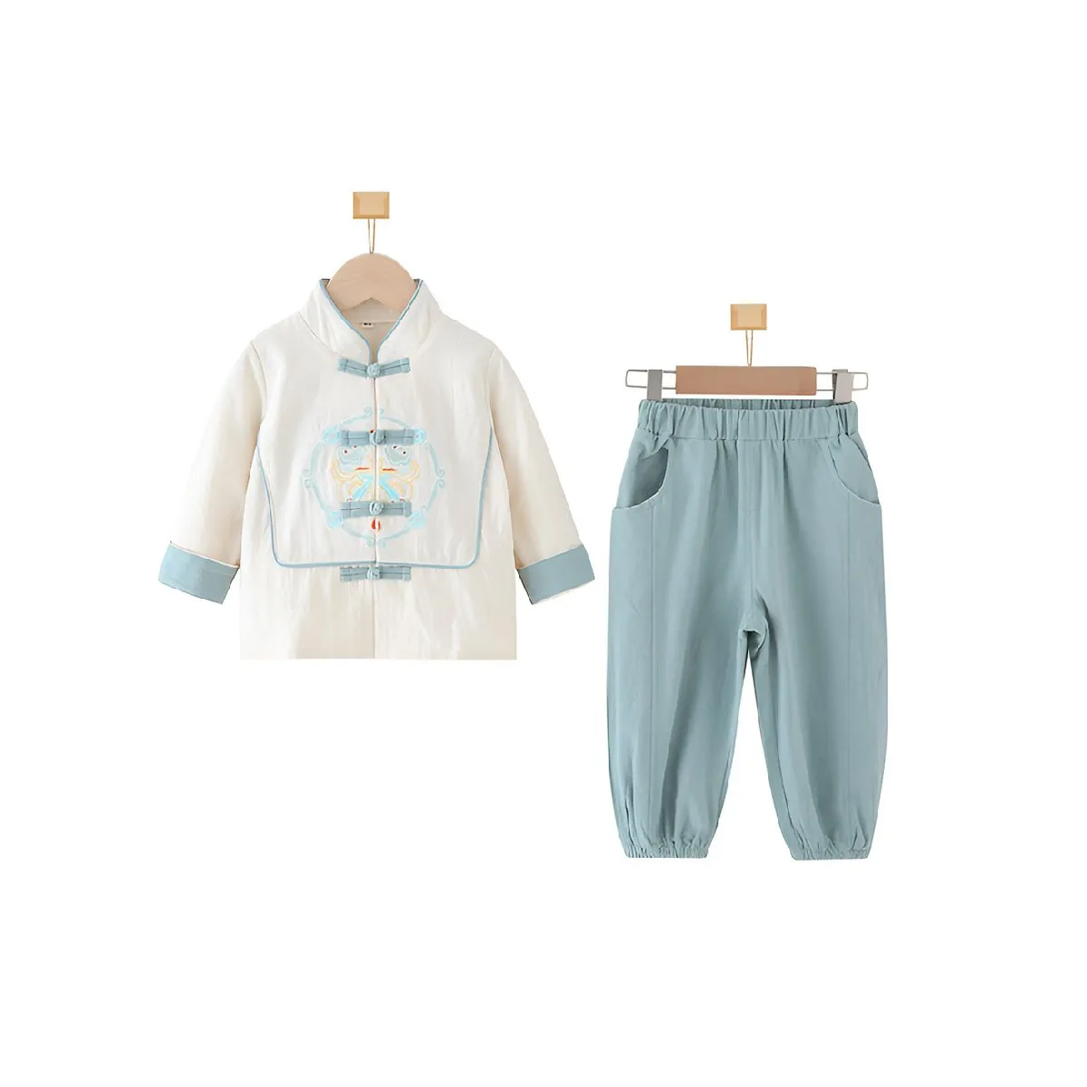 Boys' White and Light Blue Tang Suit Hanfu Set