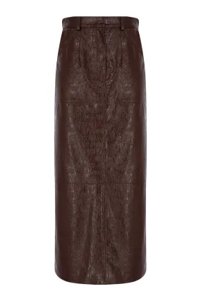 BROWN CRACK LEATHER MIDI SKIRT