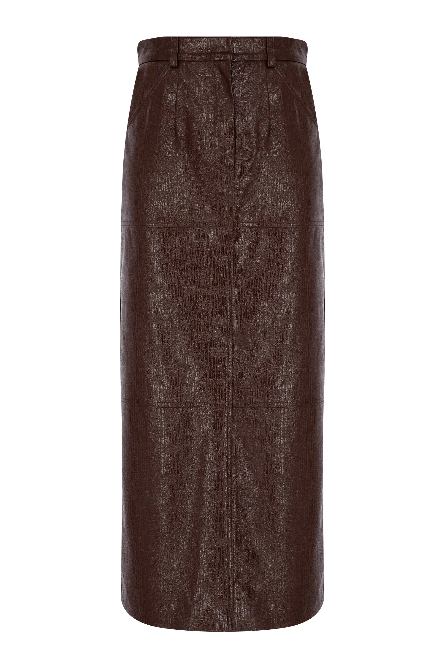 BROWN CRACK LEATHER MIDI SKIRT