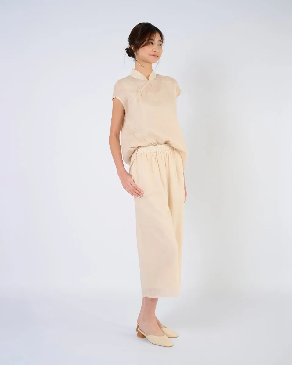 Cap Sleeve Ramie Cheongsam Top in Beige