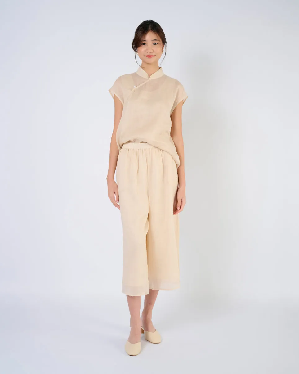 Cap Sleeve Ramie Cheongsam Top in Beige