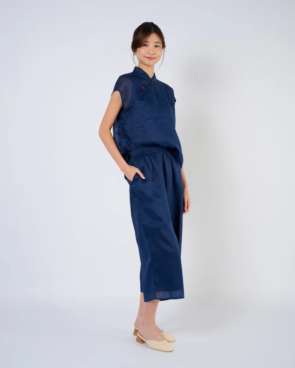 Cap Sleeve Ramie Cheongsam Top in Dark Blue