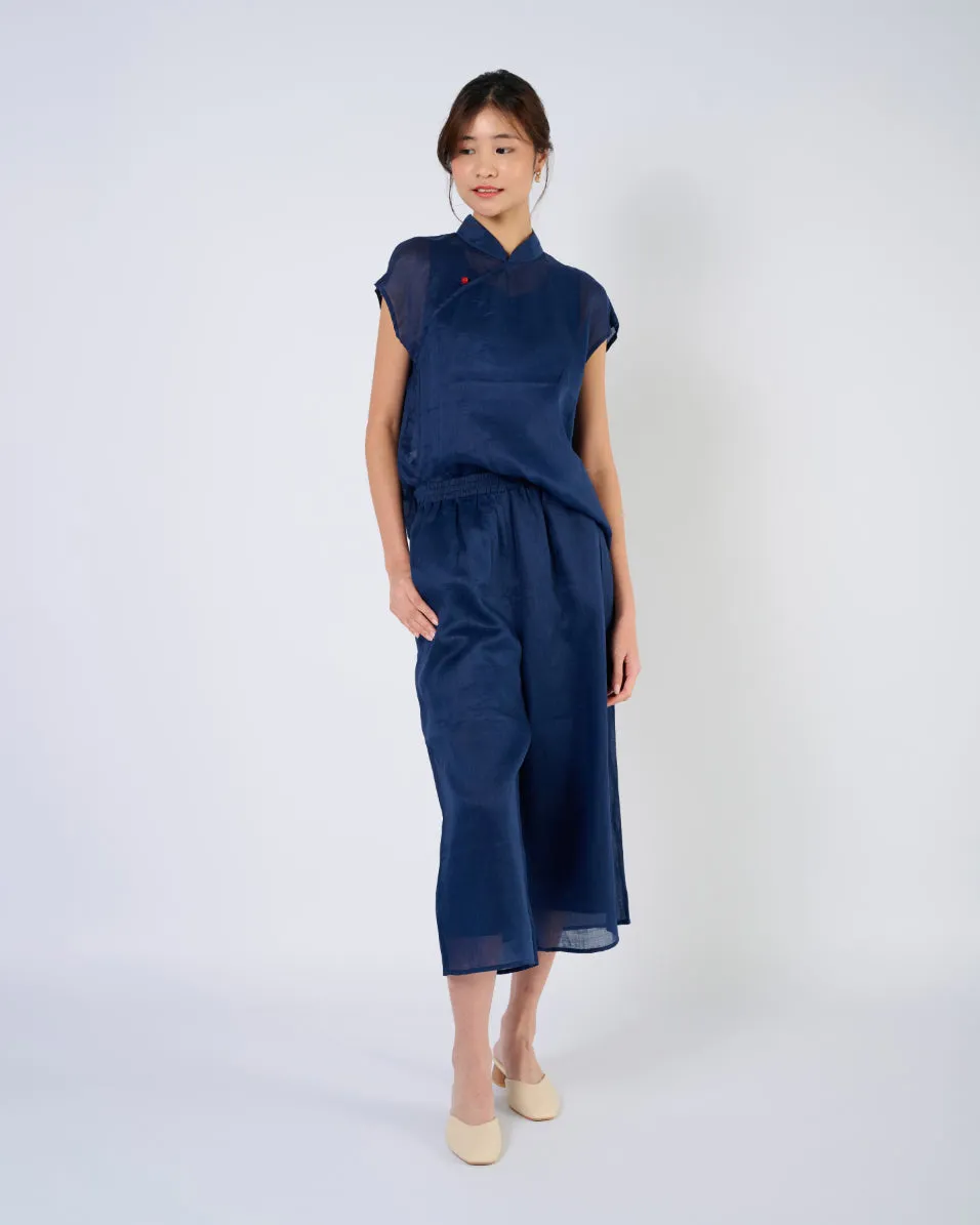 Cap Sleeve Ramie Cheongsam Top in Dark Blue