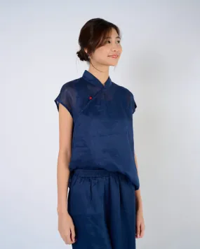 Cap Sleeve Ramie Cheongsam Top in Dark Blue