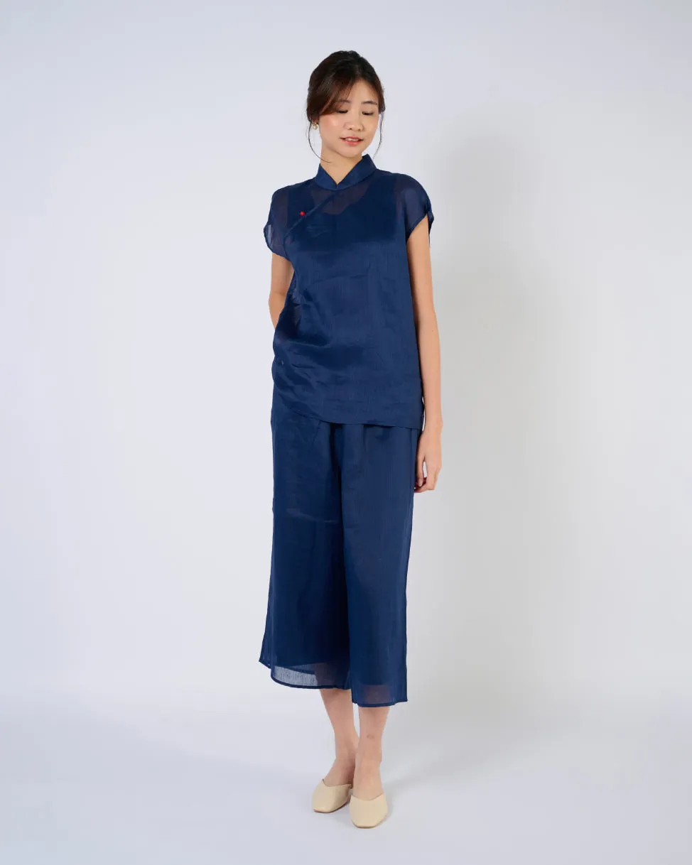 Cap Sleeve Ramie Cheongsam Top in Dark Blue