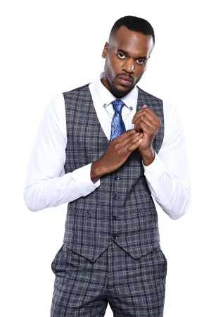 Checked Navy Blue Men Vest - Wessi