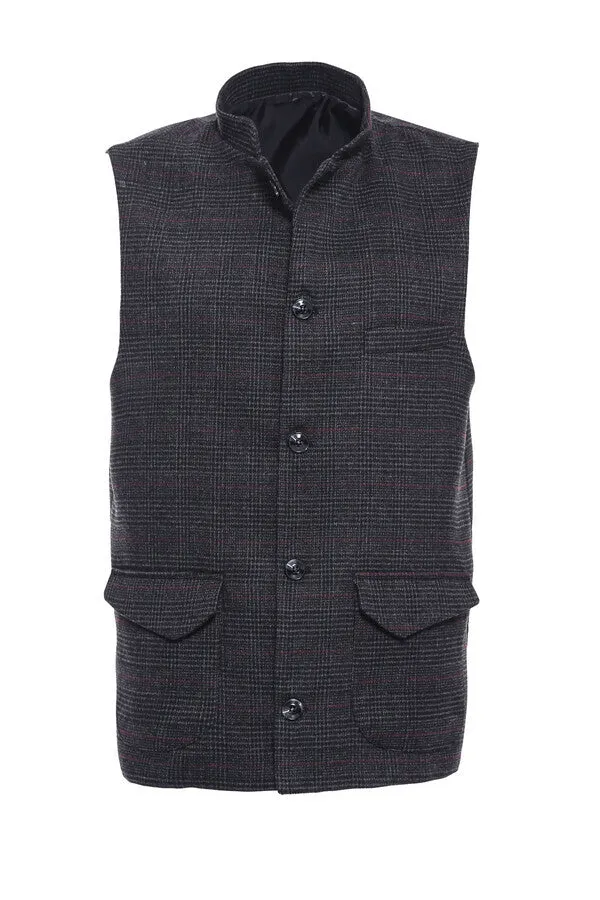 Checked Standing Collar Cachet Black Men Vest - Wessi