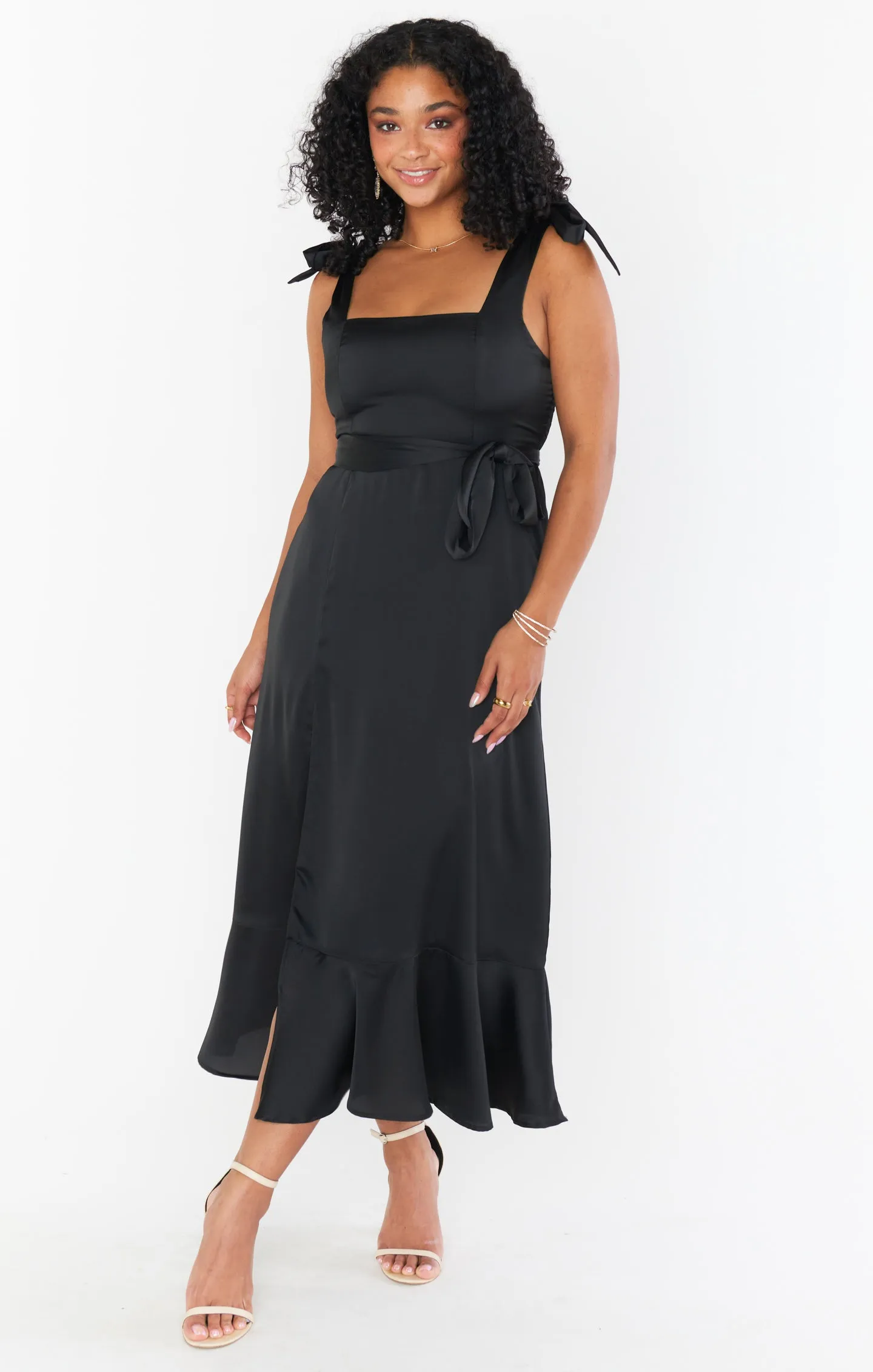 Claire Midi Dress ~ Black Luxe Satin