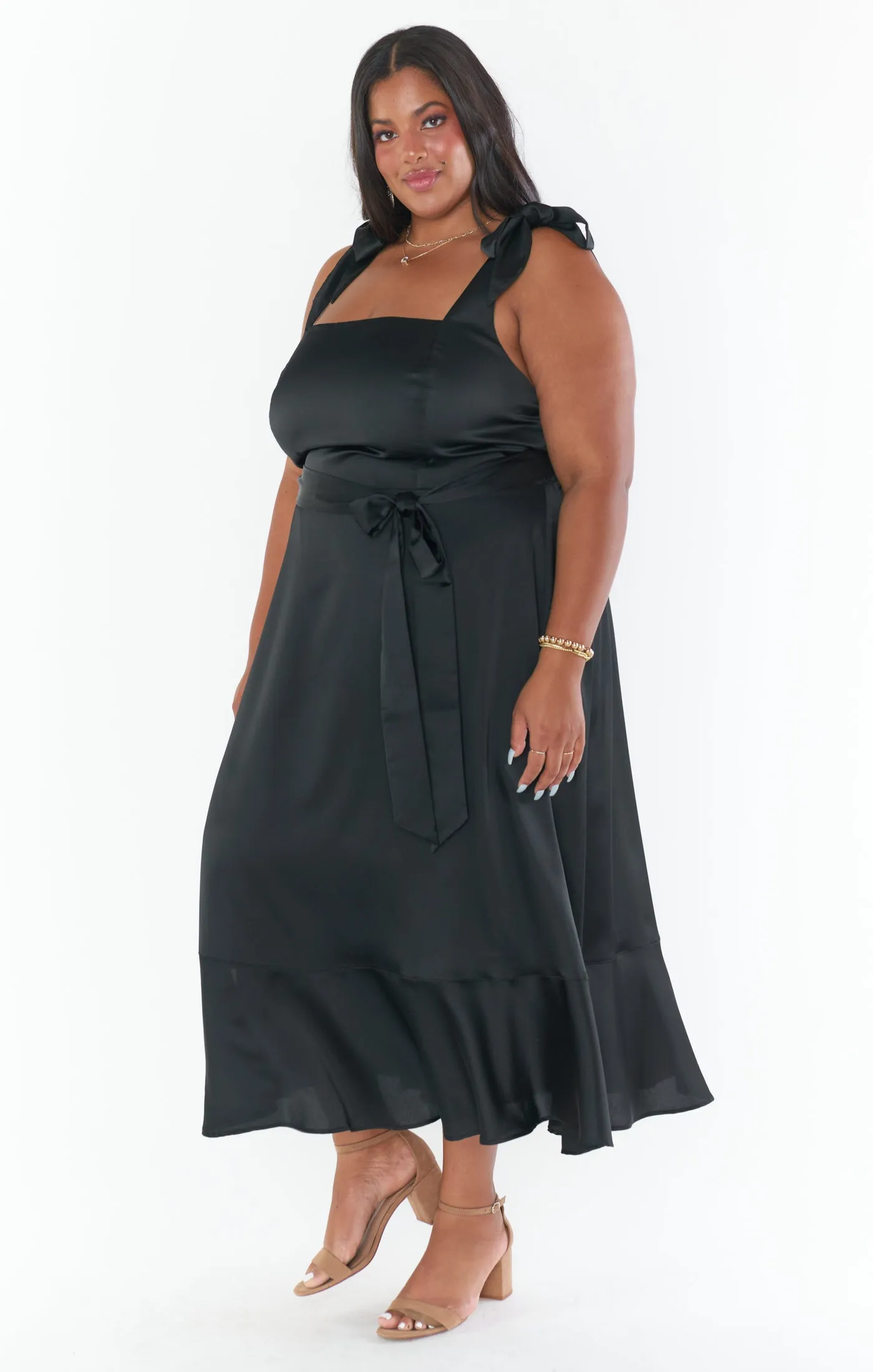 Claire Midi Dress ~ Black Luxe Satin